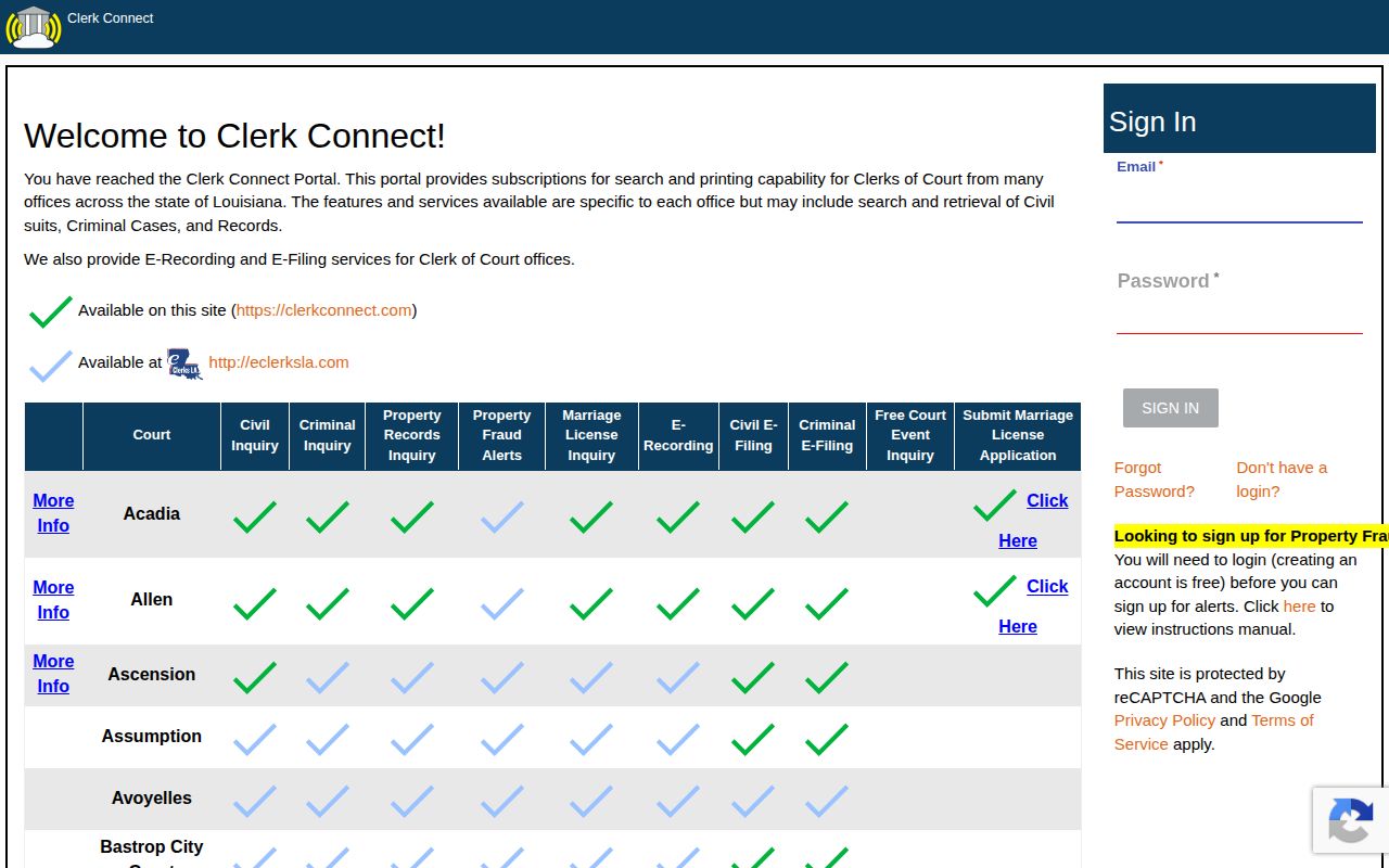 St. Landry Parish ClerkConnect court and warrant-event search entry